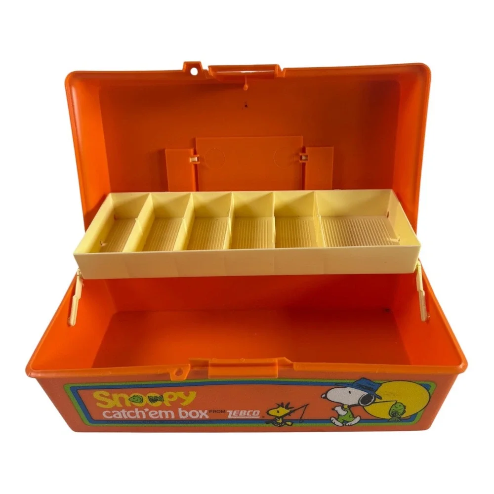 Vintage Snoopy Catchem Box Zebco Orange Fishing Tackle Box Peanuts 1988 USA